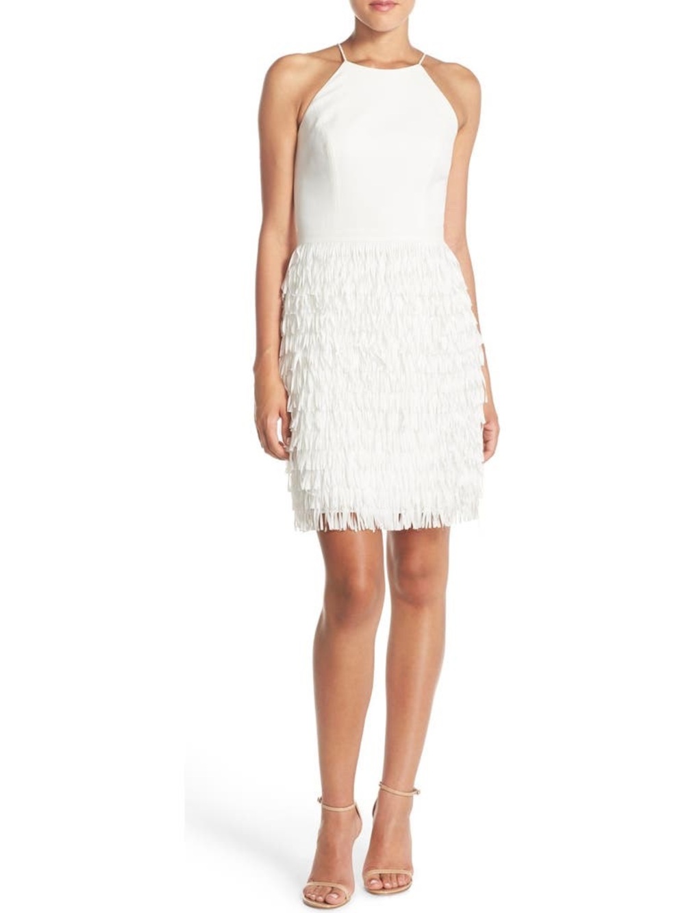 Aidan Mattox Ivory Halter Fringe Dress
